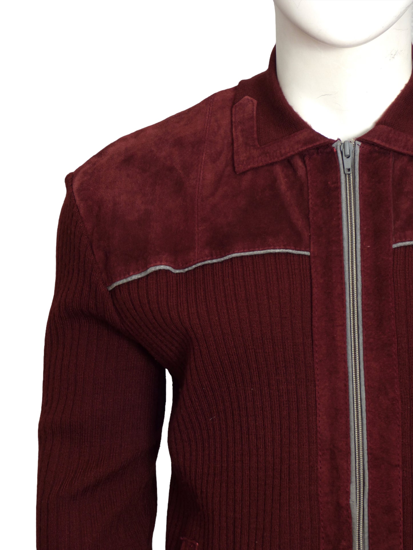 1970s Burgundy Knit & Suede Cardigan, Size-Large