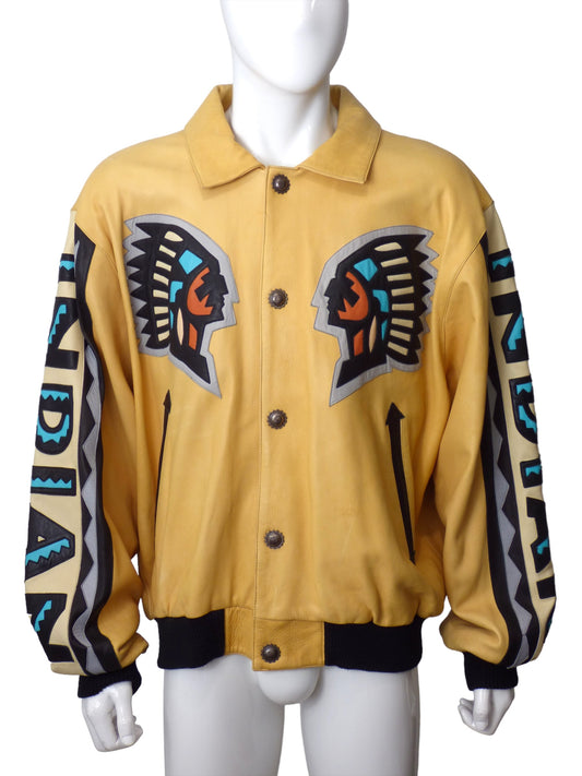 MICHAEL HOBAN- 1980s Yellow Applique Leather Jacket, Size 2XL