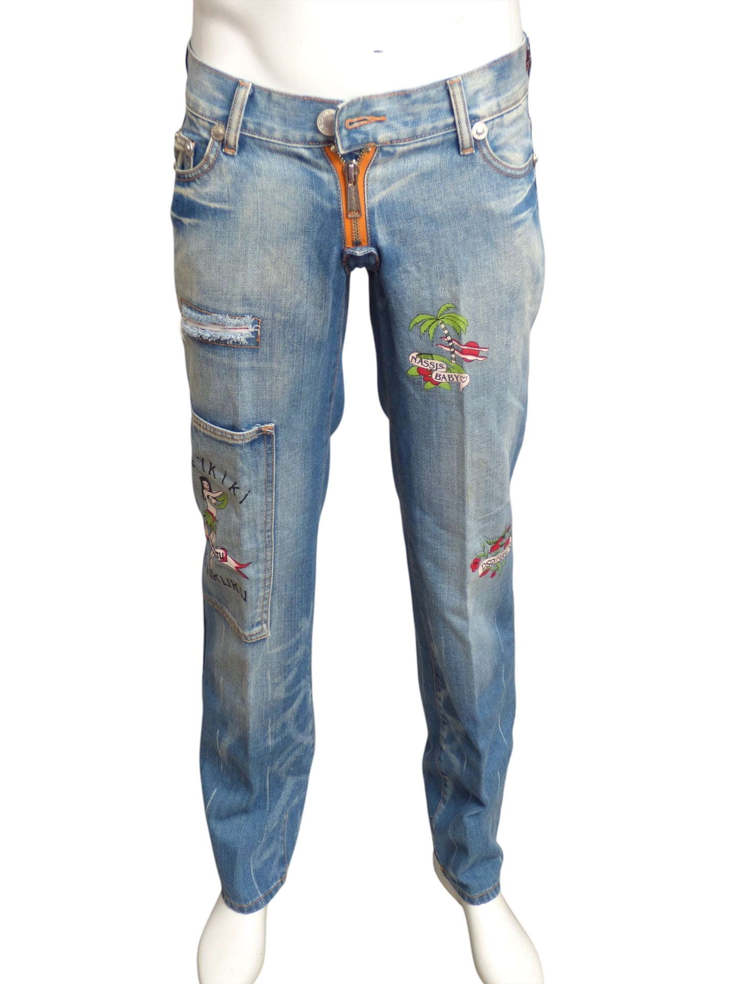 DSQUARED2- Distressed Hawaiian Print Jeans, Waist-30"