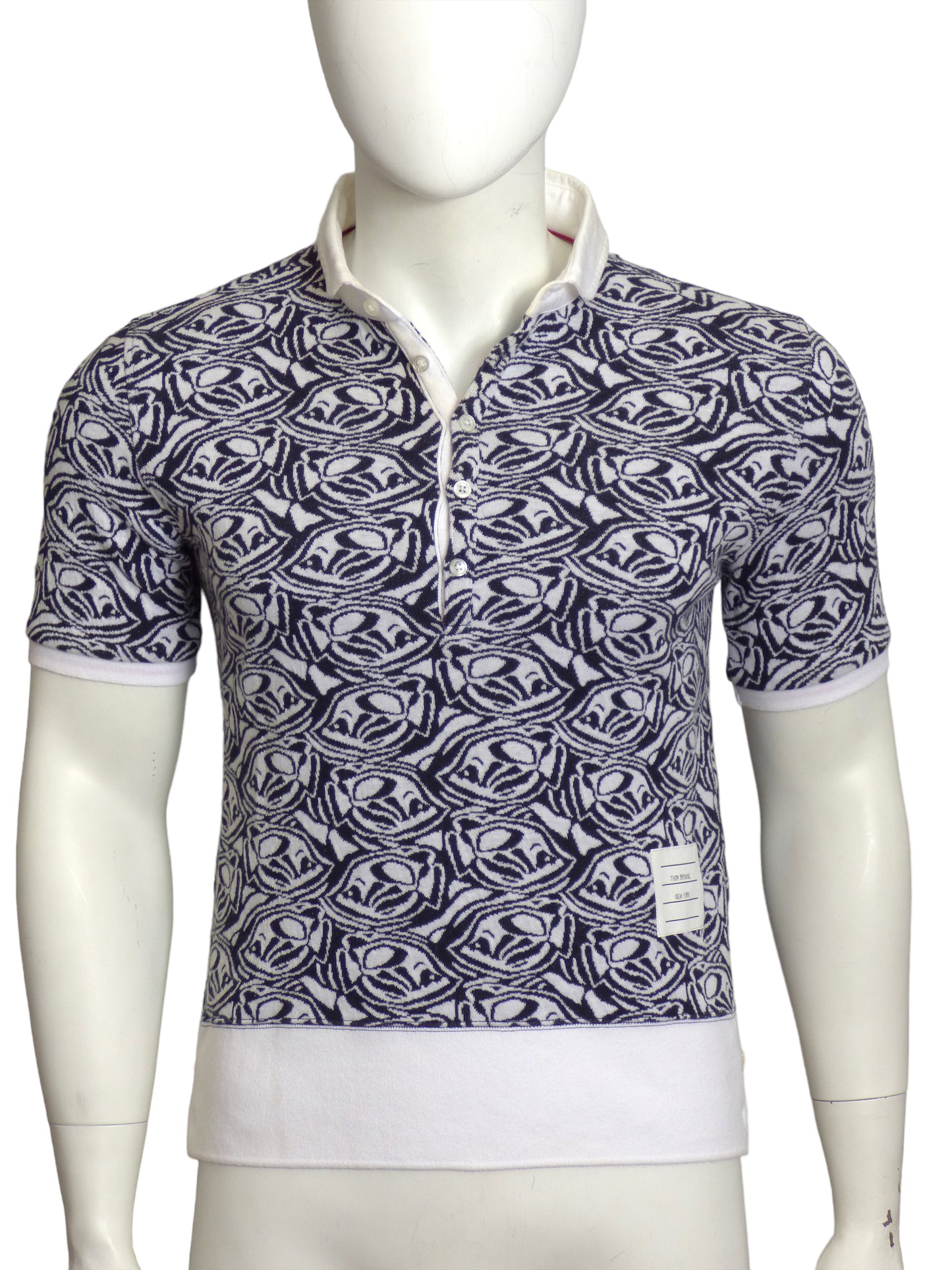 THOM BROWNE- Patterned Knit Polo Shirt, Size Medium