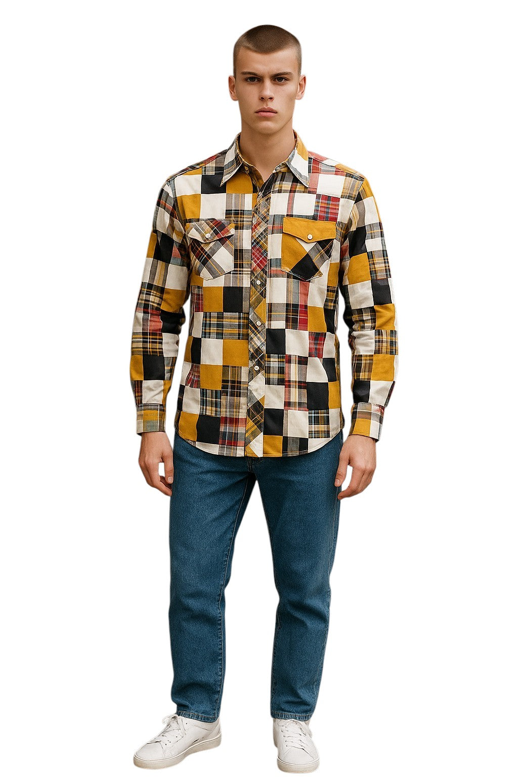 1970s Patchwork Western L/S Shirt, Size Large