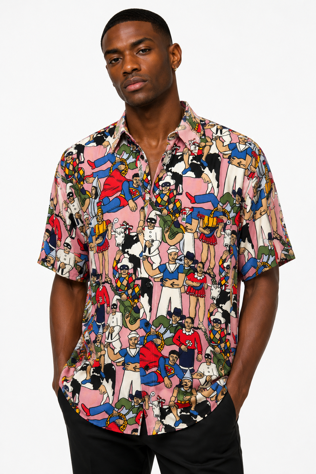 MOSCHINO JEANS - 1980s Rayon Character Print Shirt, Size-XLarge