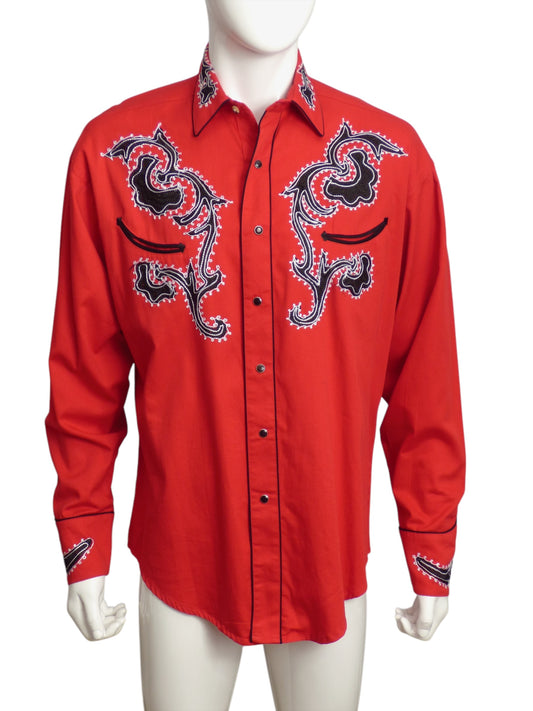 ROCKMOUNT- Red Embroidered Western Shirt, Size Large