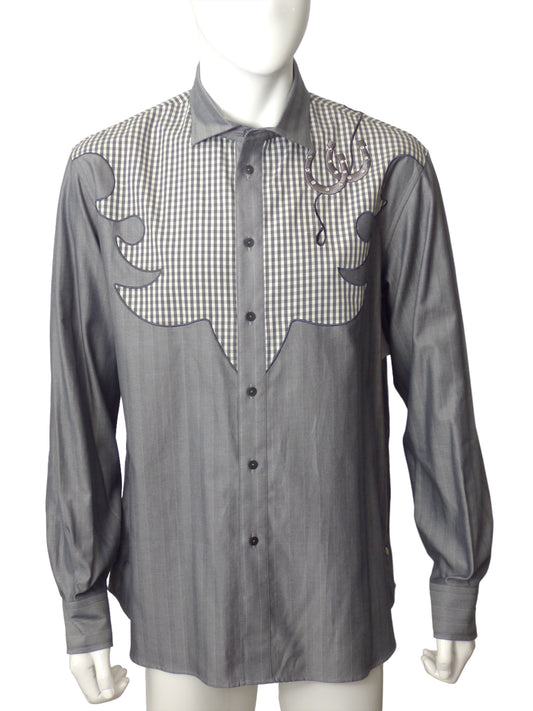 MANUEL-Grey Gingham & Stripe Western Shirt, Size-XLarge