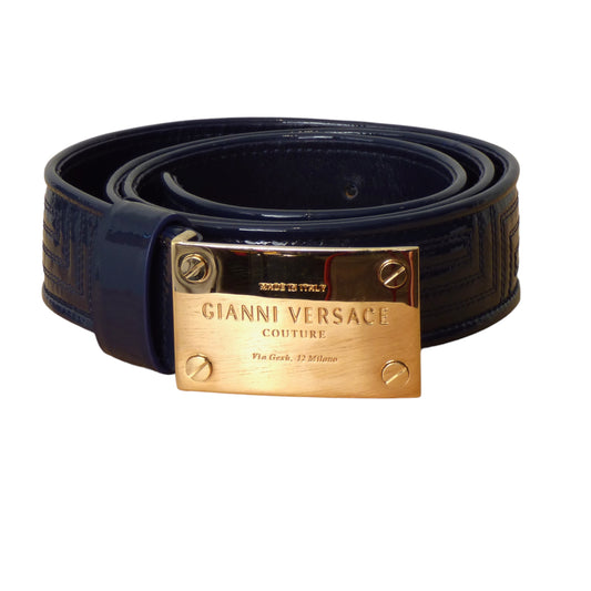 VERSACE-Blue Patent Greca Belt, W-40"