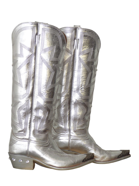 ROCKETBUSTER- Silver Embroidered Leather Boots, Size 9 1/2