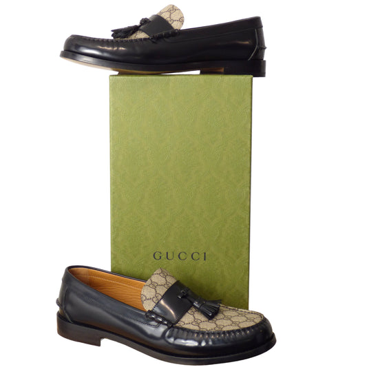 GUCCI- NIB Black Supreme Print Tassel Loafers, Size US 11 1/2