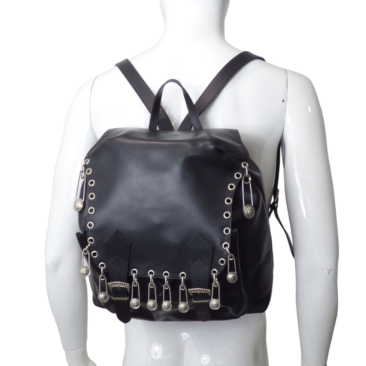 GIANNI VERSACE- 1994 Black Leather & Safety Pin Back Pack