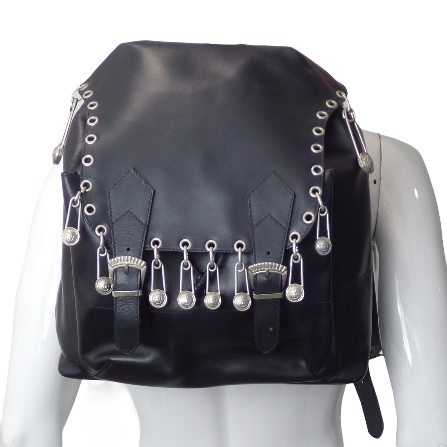 GIANNI VERSACE- 1994 Black Leather & Safety Pin Back Pack