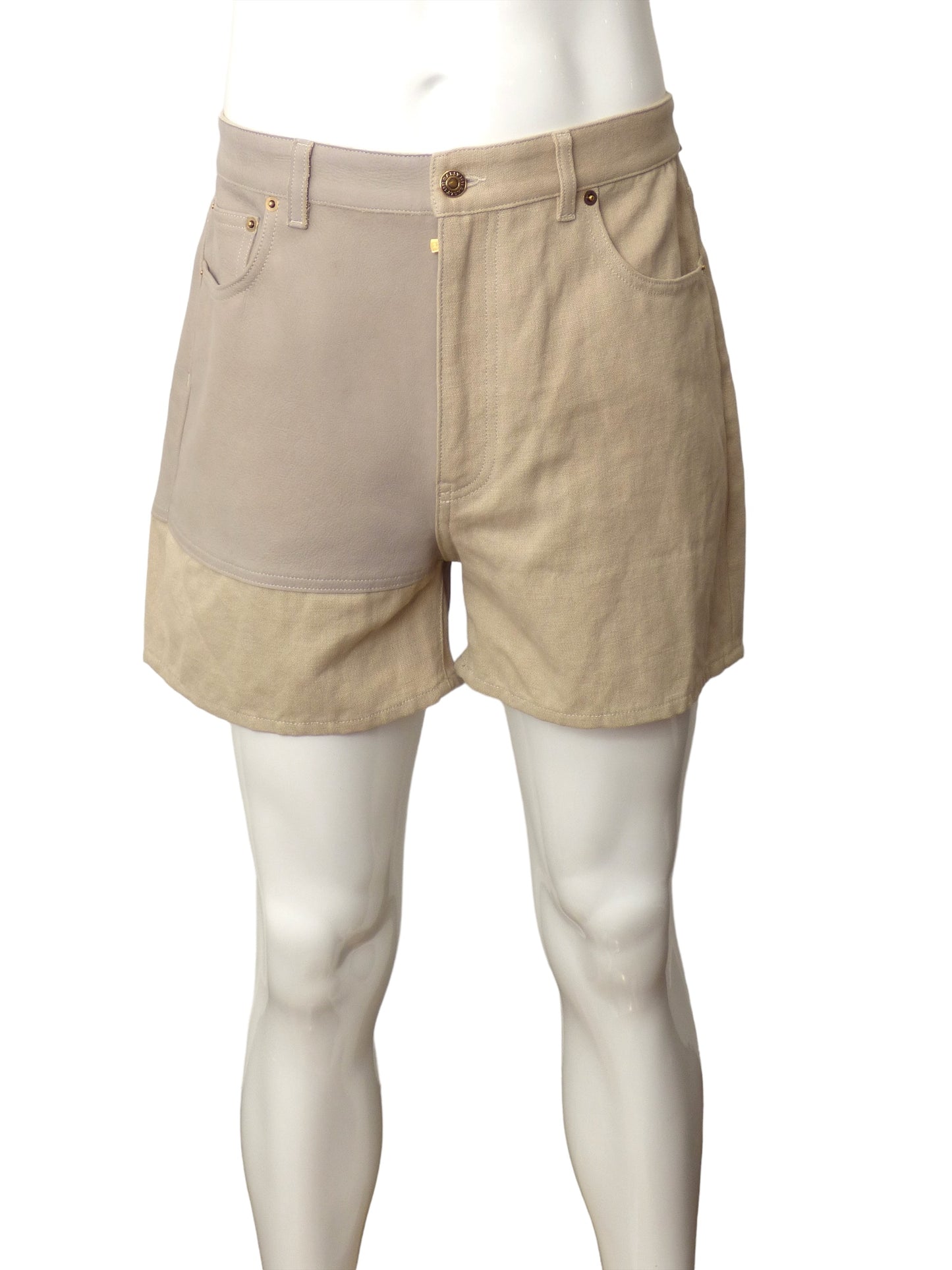 BALLY-NWT Tan Denim & Leather Shorts, Waist-34"