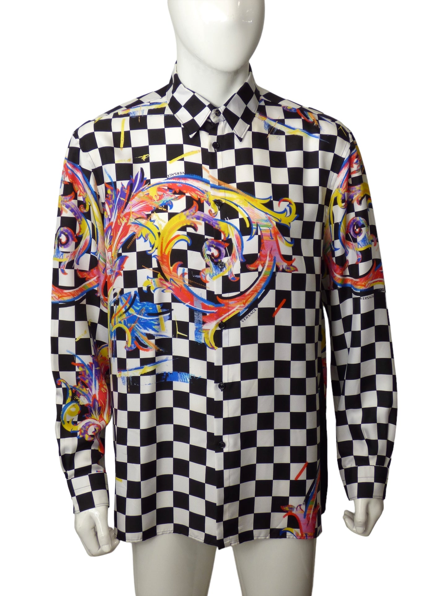 VERSACE-Silk Print Checkerboard Shirt, Size-XXLarge