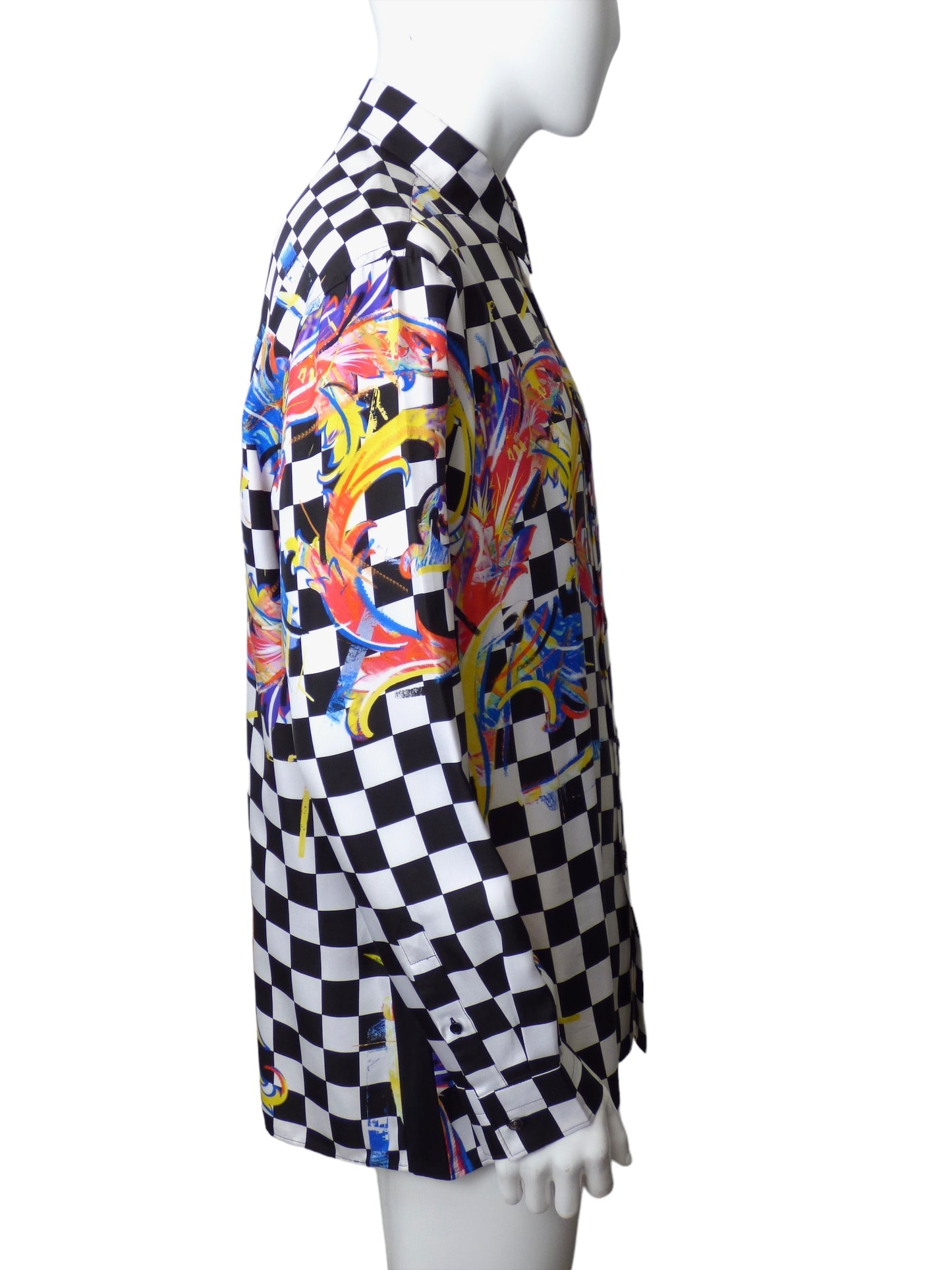 VERSACE-Silk Print Checkerboard Shirt, Size-XXLarge