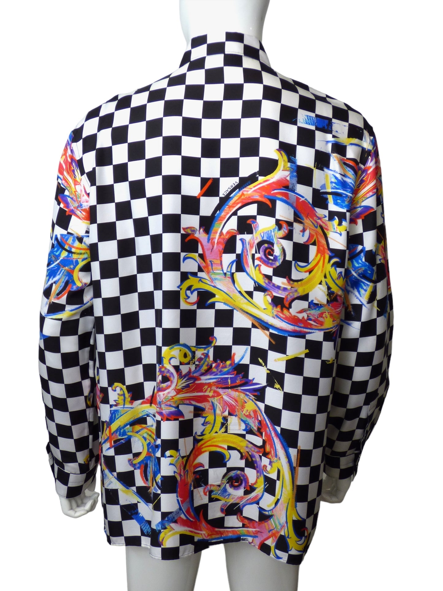 VERSACE-Silk Print Checkerboard Shirt, Size-XXLarge