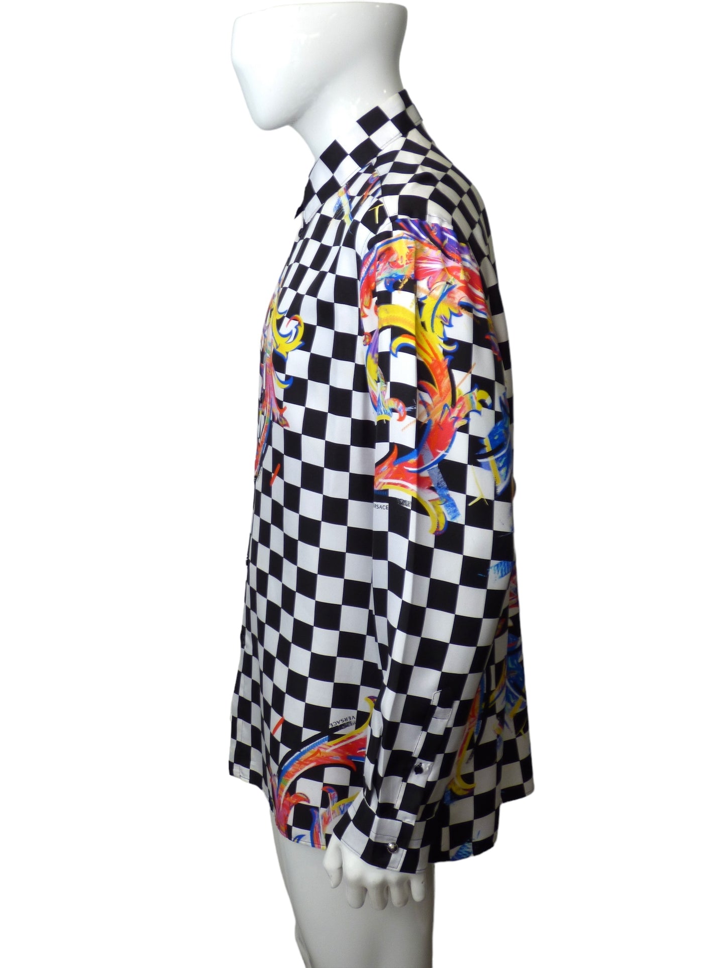 VERSACE-Silk Print Checkerboard Shirt, Size-XXLarge