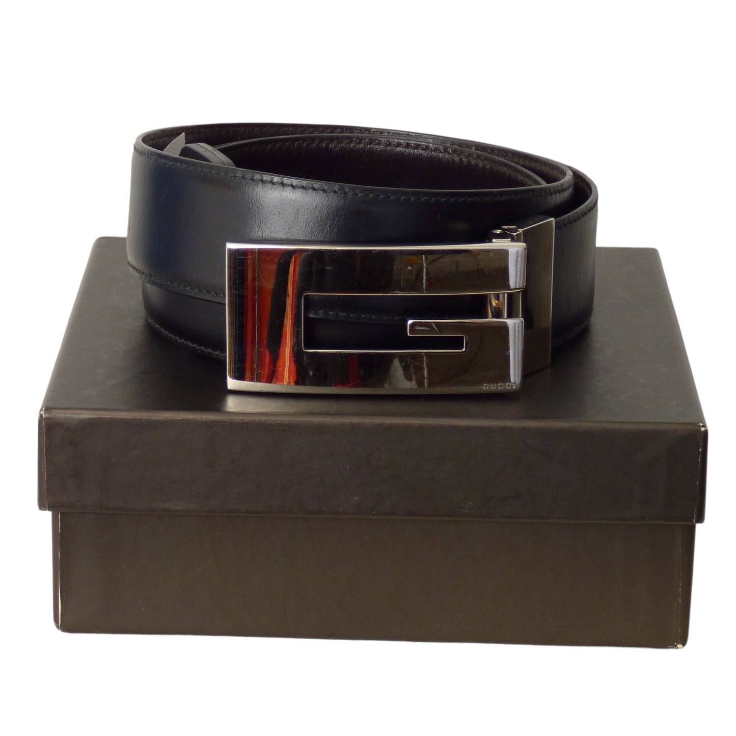 GUCCI - Black Leather "G" Belt, Waist-36"