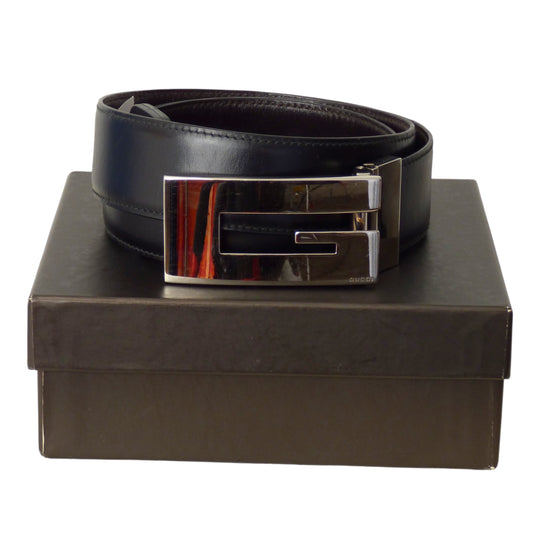 GUCCI - Black Leather "G" Belt, Waist-36"