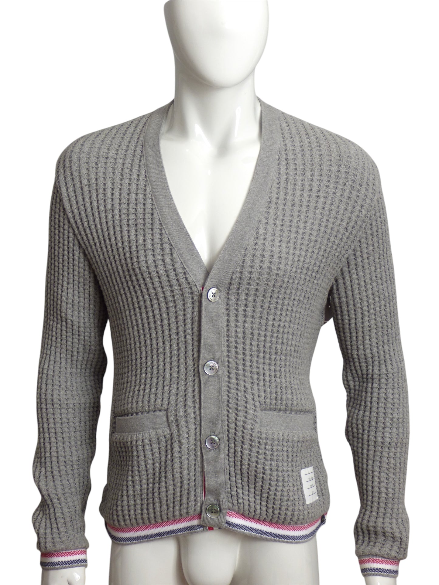 THOM BROWNE- Gray Waffle Knit Cardigan, Size Large