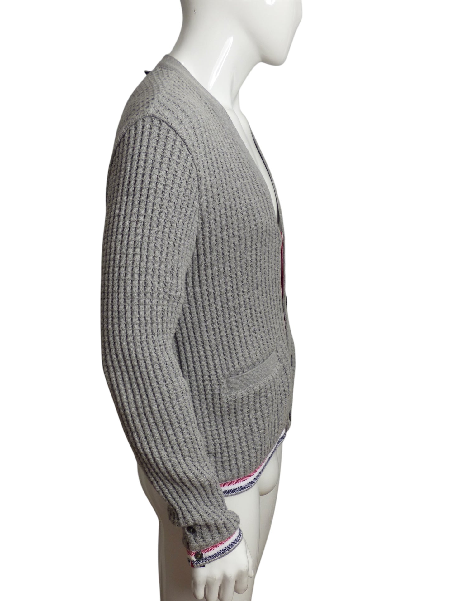 THOM BROWNE- Gray Waffle Knit Cardigan, Size Large