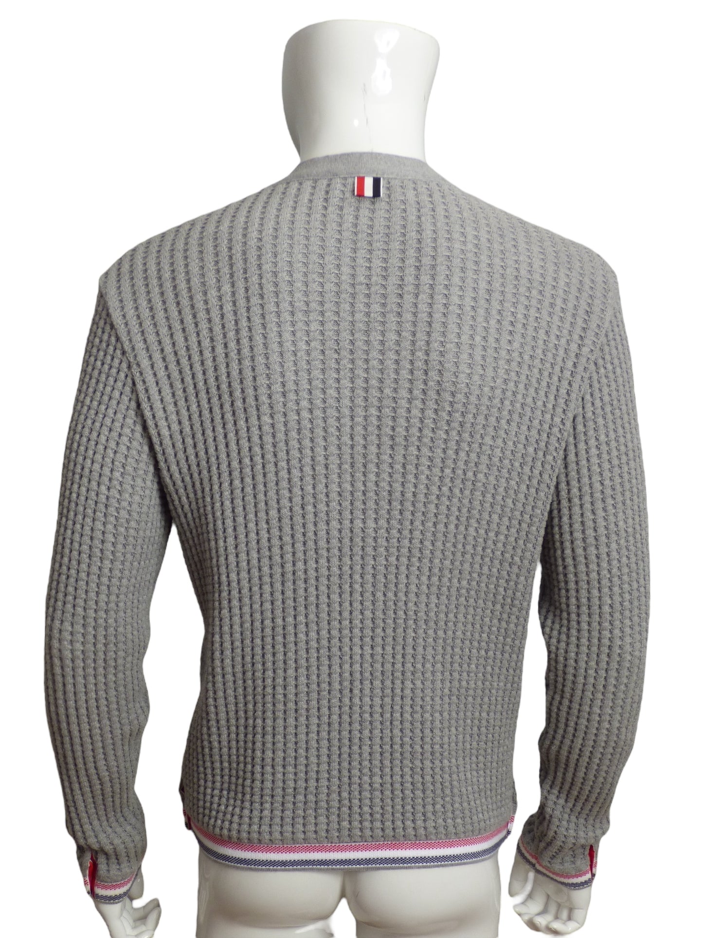 THOM BROWNE- Gray Waffle Knit Cardigan, Size Large