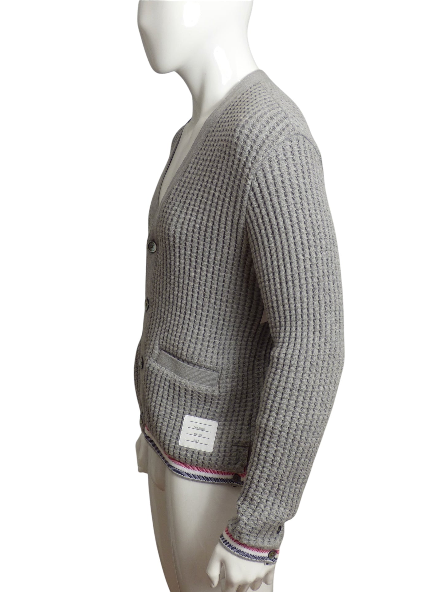 THOM BROWNE- Gray Waffle Knit Cardigan, Size Large