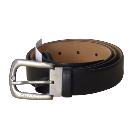 CHANEL- Black Leather Belt, Waist-38