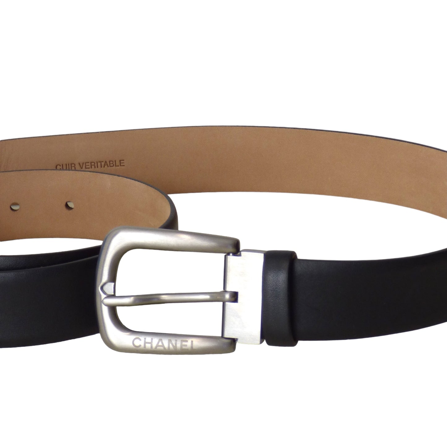 CHANEL- Black Leather Belt, Waist-38