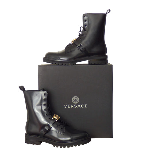 VERSACE- NIB 2023 Black Leather Medusa Buckle Combat Boots, Multi Sizes Available