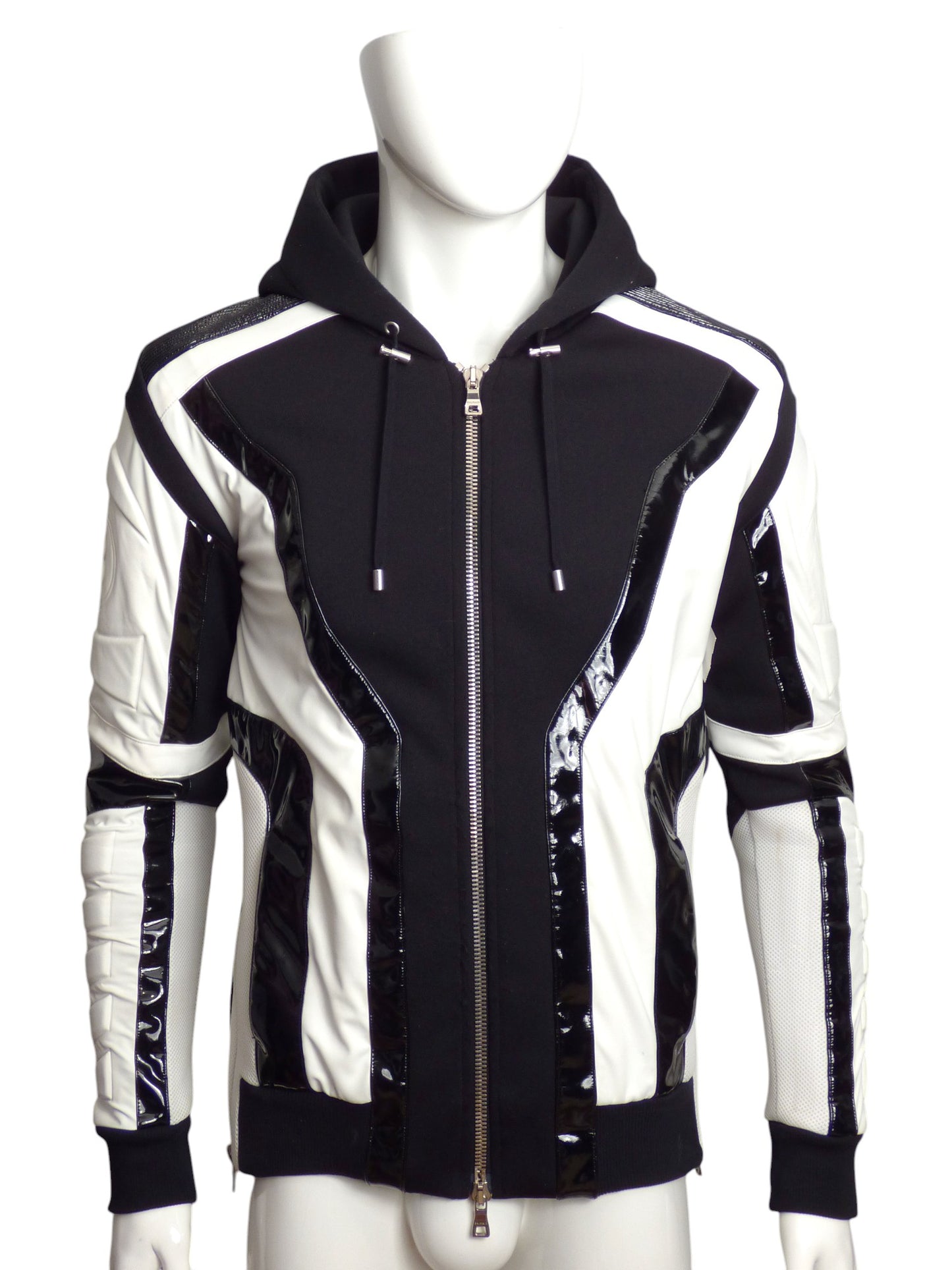 BALMAIN- 2020 Patent & Knit Hooded Racer Hoodie, Size Small