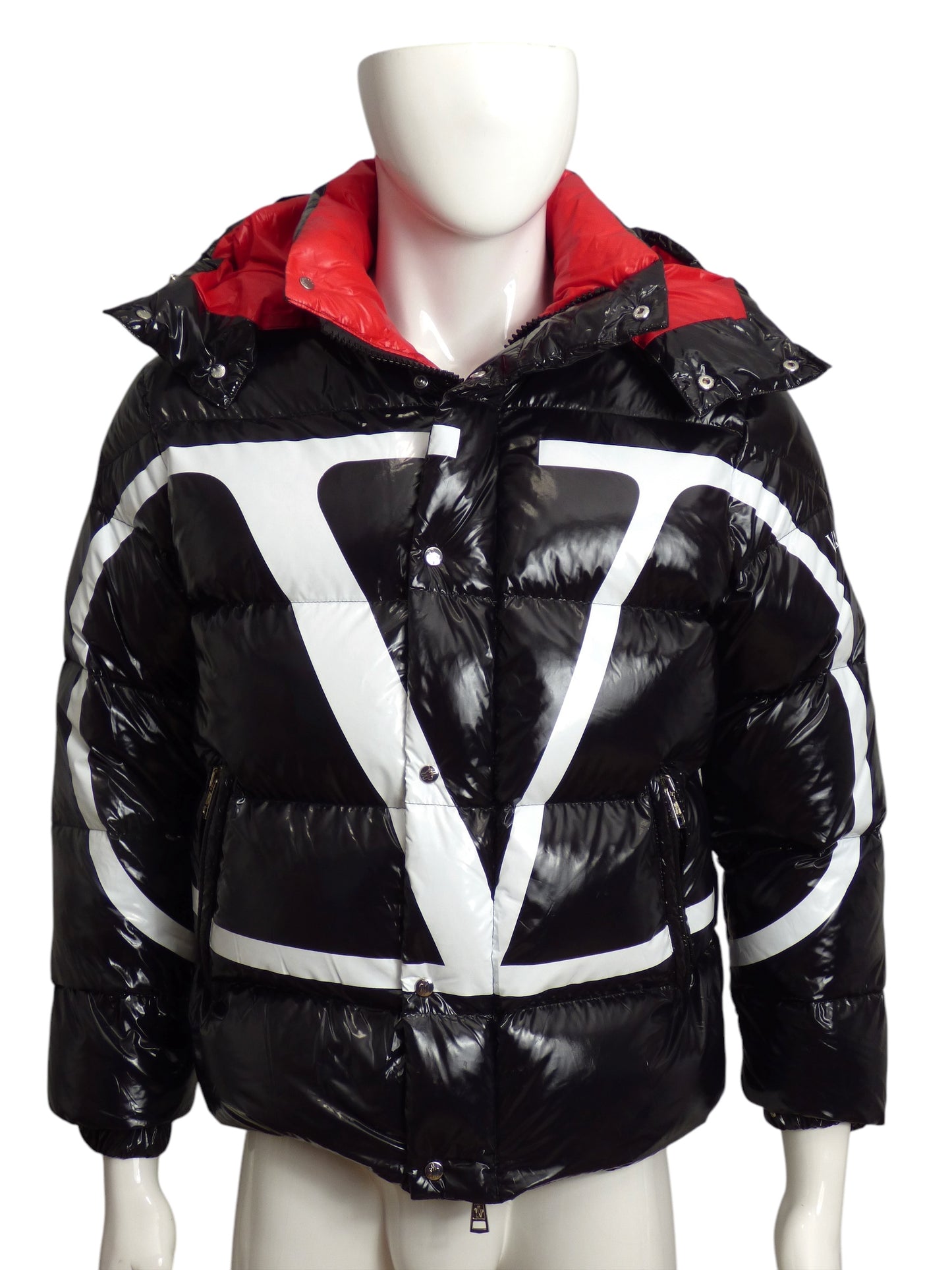 VALENTINO X MONCLER- 2018 Black Moncler Vlogo Lacquered Padded Coat, Size Small