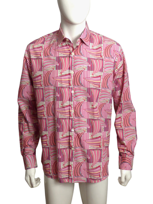 SALVATORE FERRAGAMO- Multi Color Cotton Print L/S Shirt, Size XL