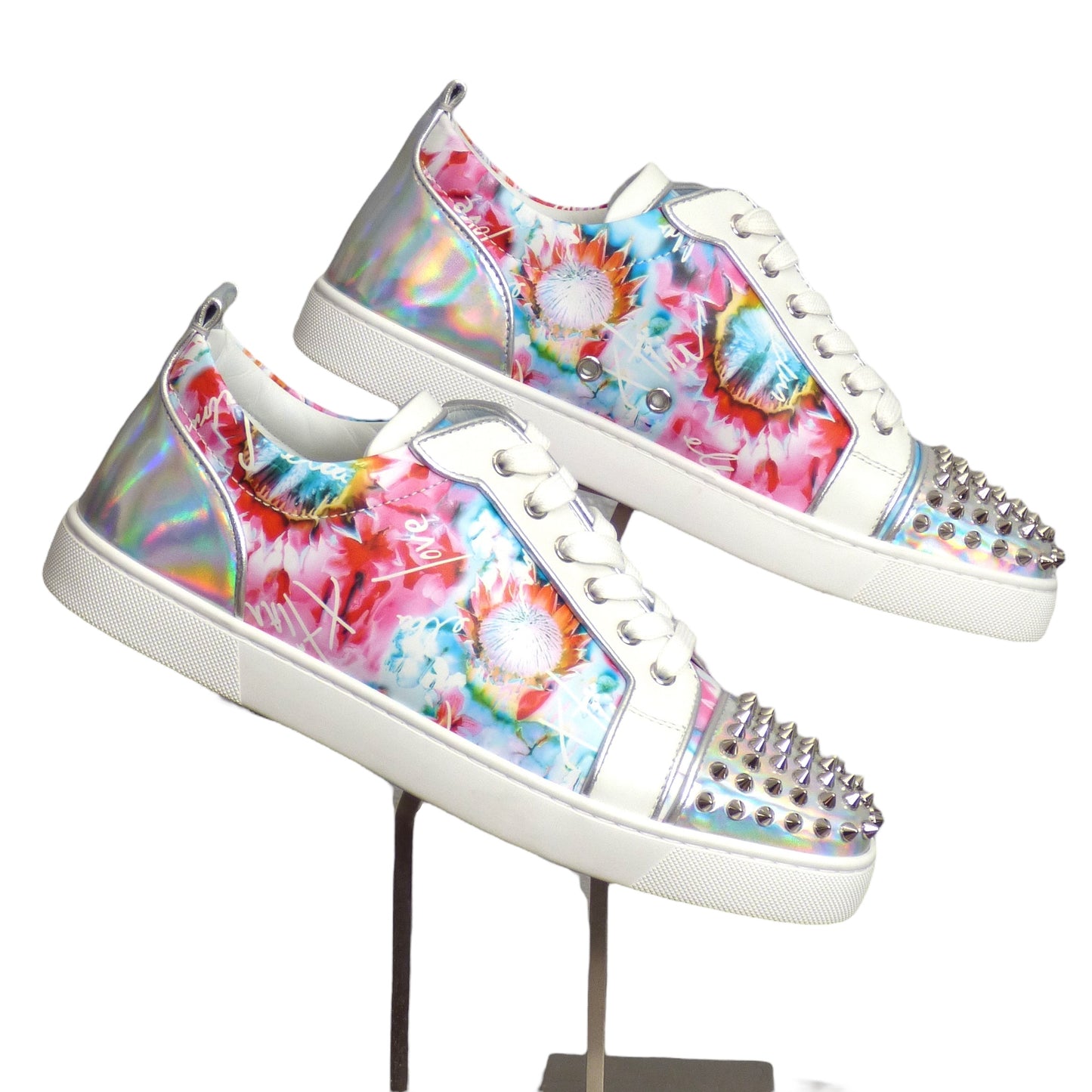 CHRISTIAN LOUBOUTIN- Floral Leather & Spike Sneakers, Size 43