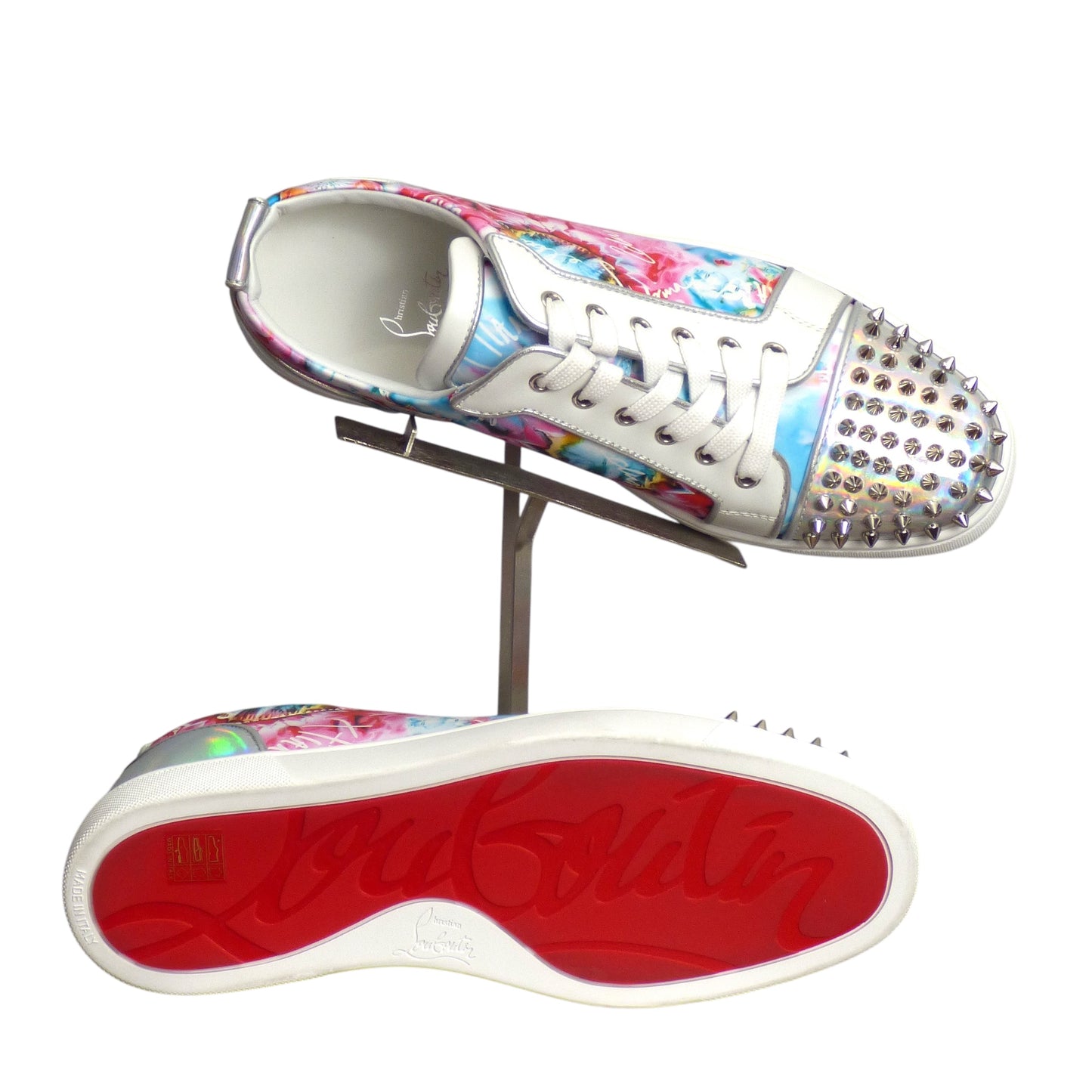 CHRISTIAN LOUBOUTIN- Floral Leather & Spike Sneakers, Size 43