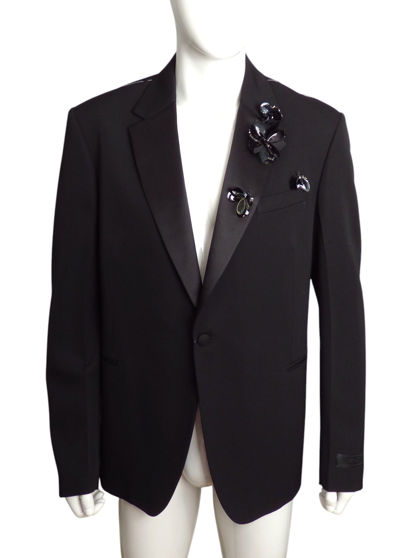 VERSACE- NWT 2023 Black Wool Beaded Tuxedo Blazer, Size 2XL