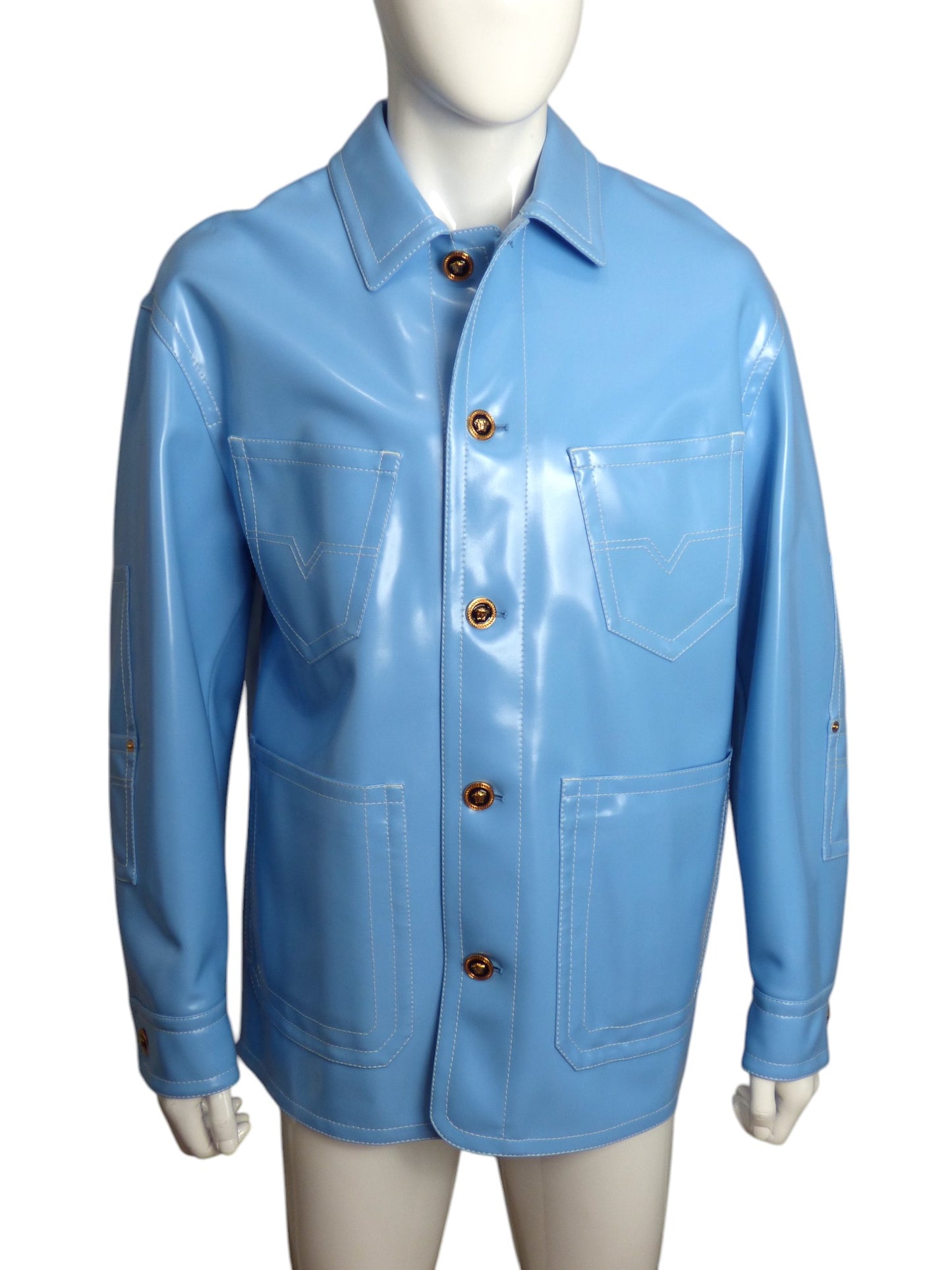 VERSACE- NWT Fall 2023  Blue Topstitch PVC Jacket, Size Large