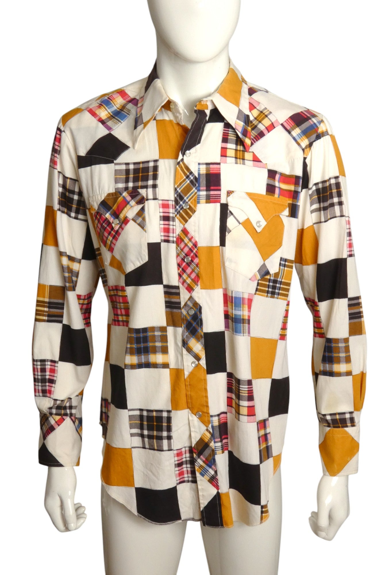 1970s Patchwork Western L/S Shirt, Size Large
