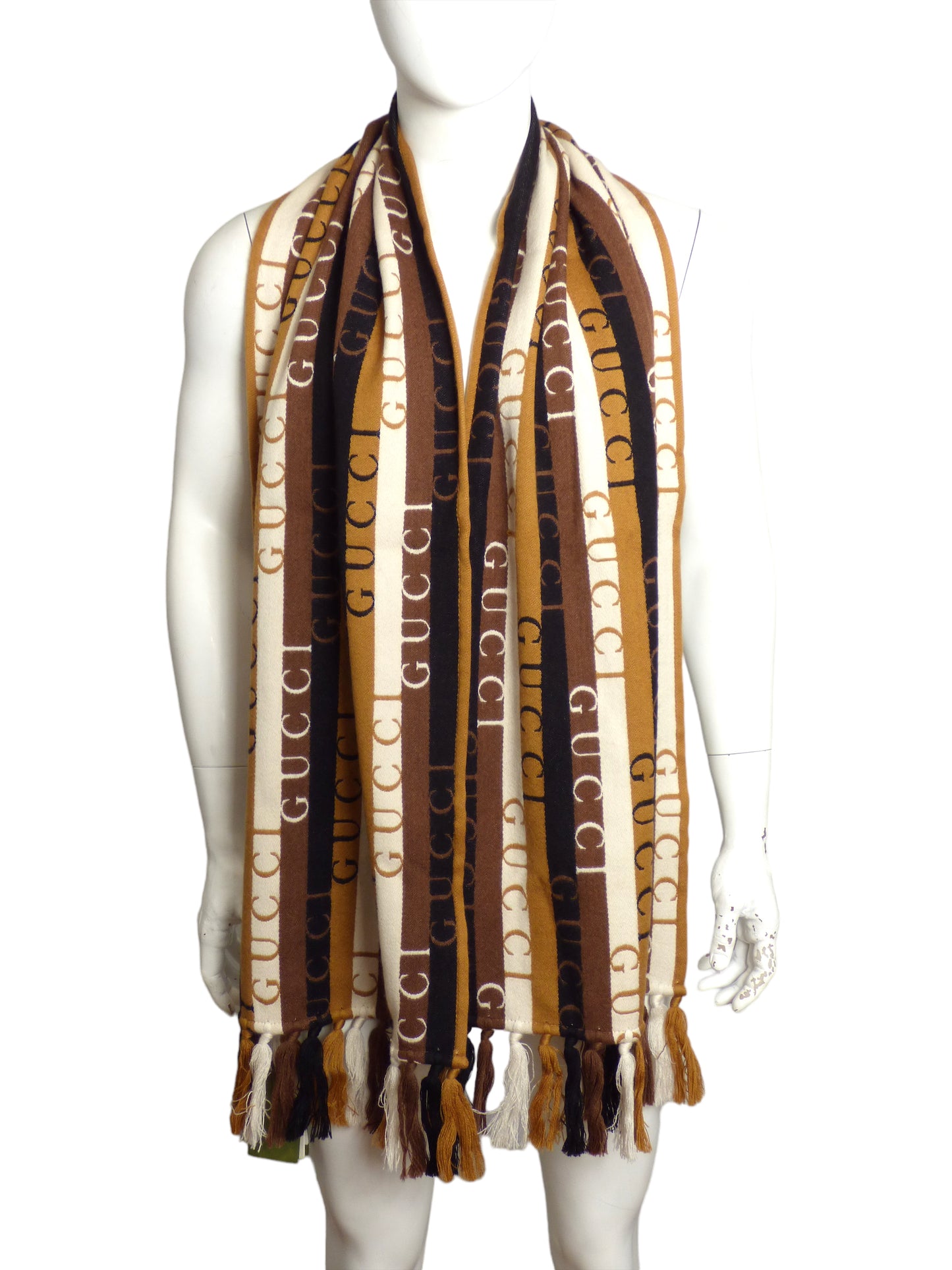 GUCCI- NWT Brown Wool Stripe Fringe Scarf