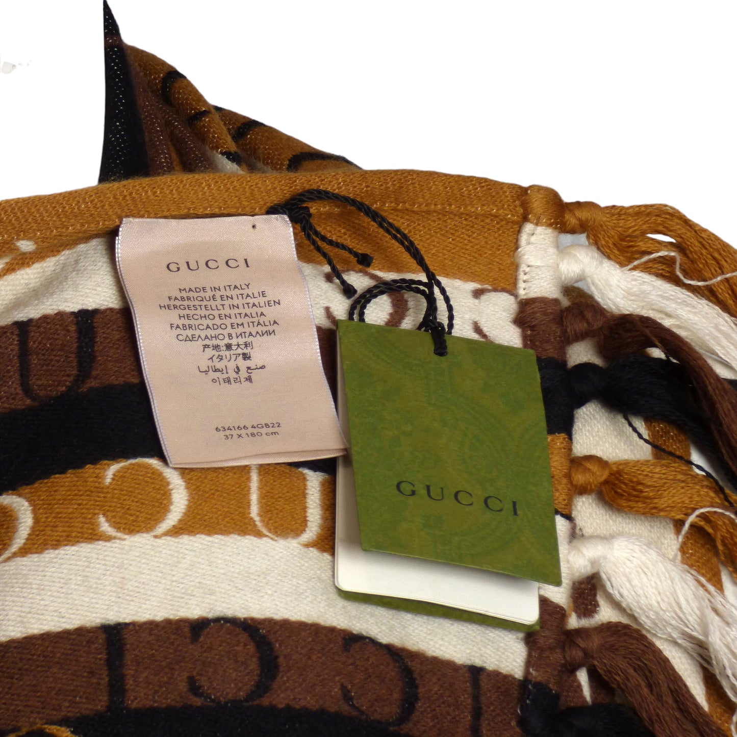 GUCCI- NWT Brown Wool Stripe Fringe Scarf