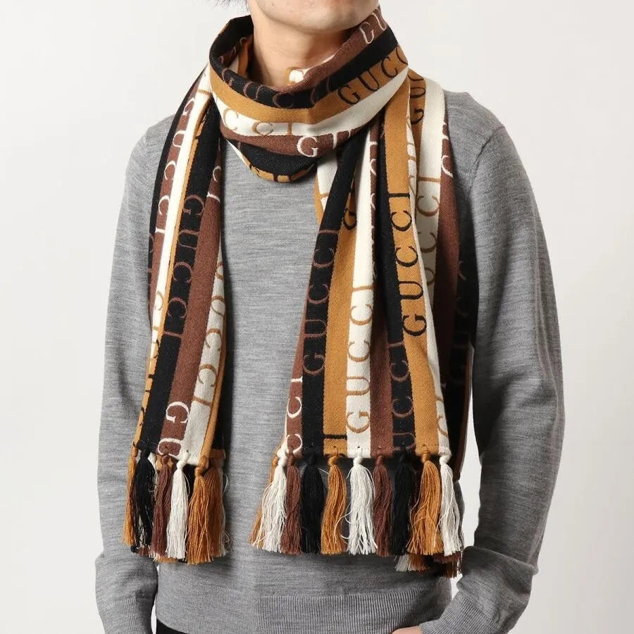 GUCCI- NWT Brown Wool Stripe Fringe Scarf