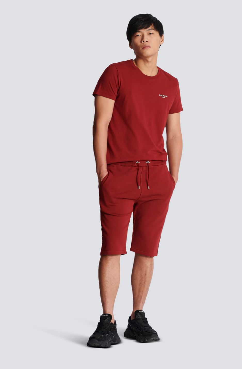 BALMAIN- NWT Red Flock Bermuda Shorts, Size Small