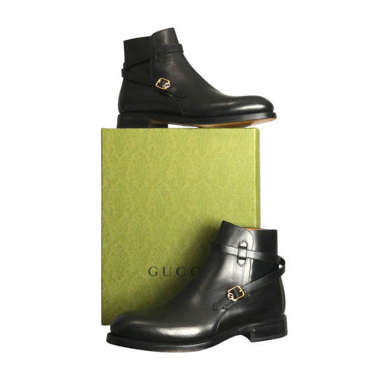 GUCCI- Black Leather Ankle Boots, Size 12