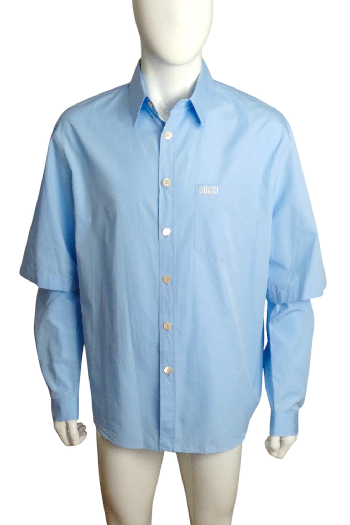GUCCI- Blue Poplin Shirt with Removable Lower Sleeves, Size Medium