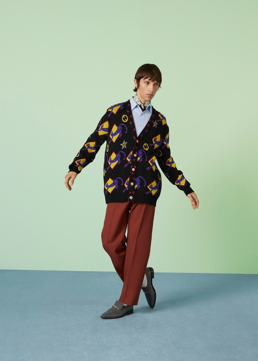 GUCCI- NWT 2023 Patterned Cotton Intarsia Cardigan, Size Small