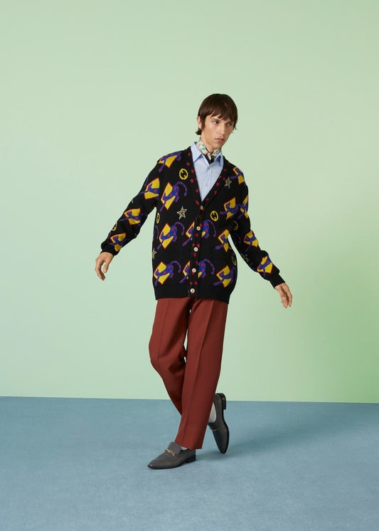 GUCCI- NWT 2023 Patterned Cotton Intarsia Cardigan, Size Small