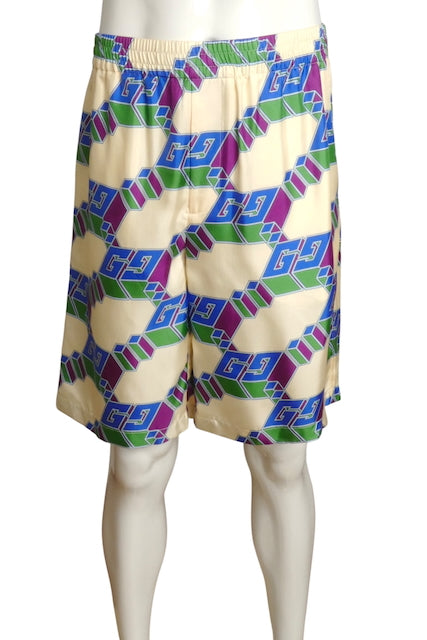 GUCCI- NWT 2024 3D Logo Silk Shorts, Size Medium