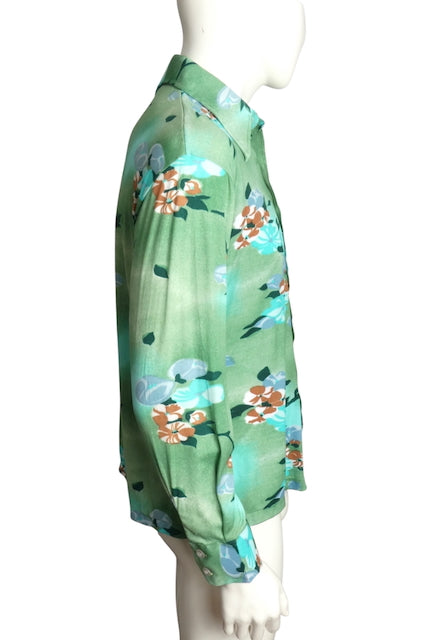 1970s  Floral Print Nylon L/S Shirt, Size Large