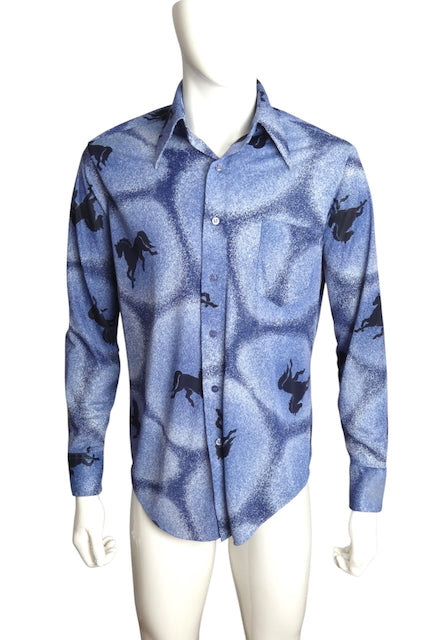 1970s L/S Horse Print Polyester Shirt, Size Large