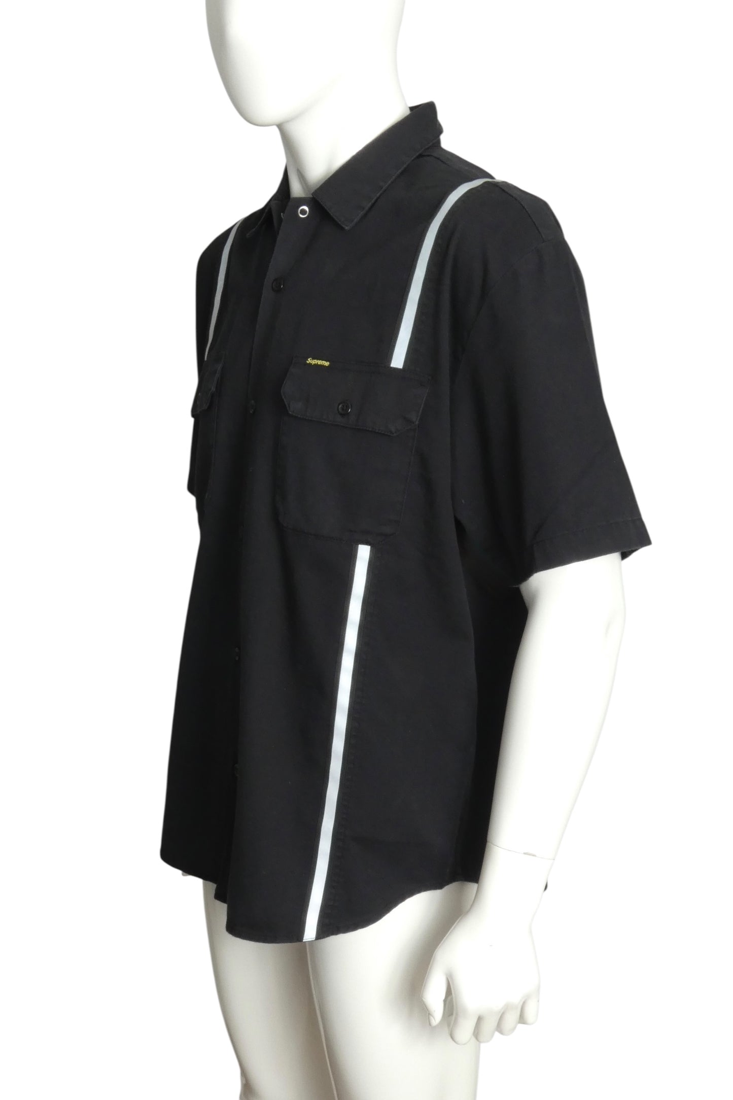 SUPREME- NWT Black Reflective Stripe S/S Work Shirt, Size Large