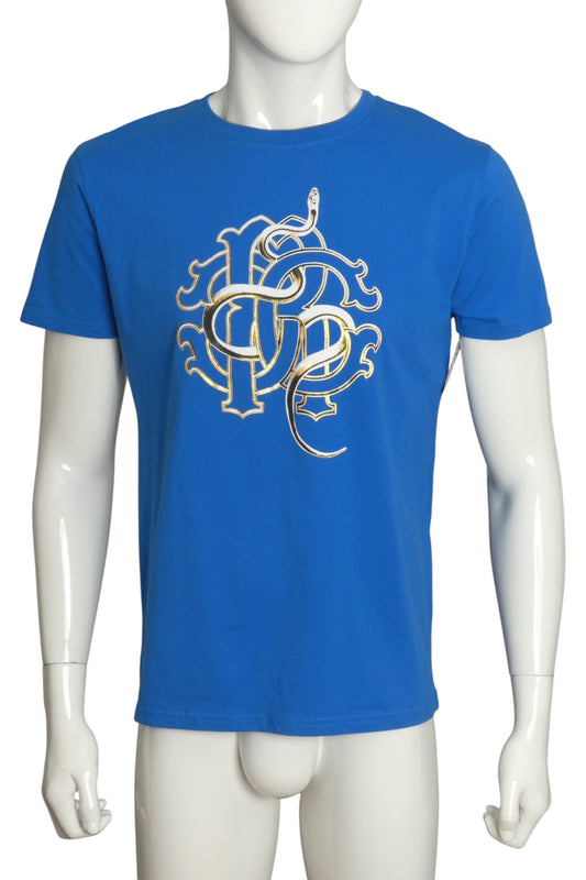 ROBERTO CAVALLI- Blue Logo Graphic Print T-Shirt, Size Large