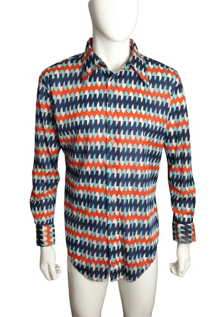 1970s Multi Color L/S Nylon Knit Shirt, Size Large