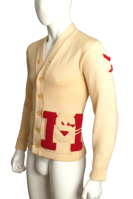 1953 Ivory Wool Lettermans Cardigan, Size Small